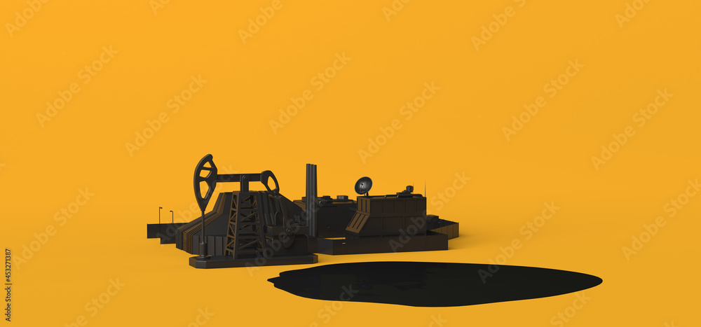 Oil extraction pump on yellow background. Concept of oil industry. Pumpjack. 3D illustration. Copy space.