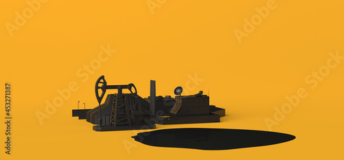 Oil extraction pump on yellow background. Concept of oil industry. Pumpjack. 3D illustration. Copy space.