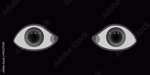 Frightened human eyes in the dark. Illustration for Halloween, horror movie posters, book cover. Two big eyes in the darkness, frightened horror, vector. Announcement, banner, placard, show bil.
