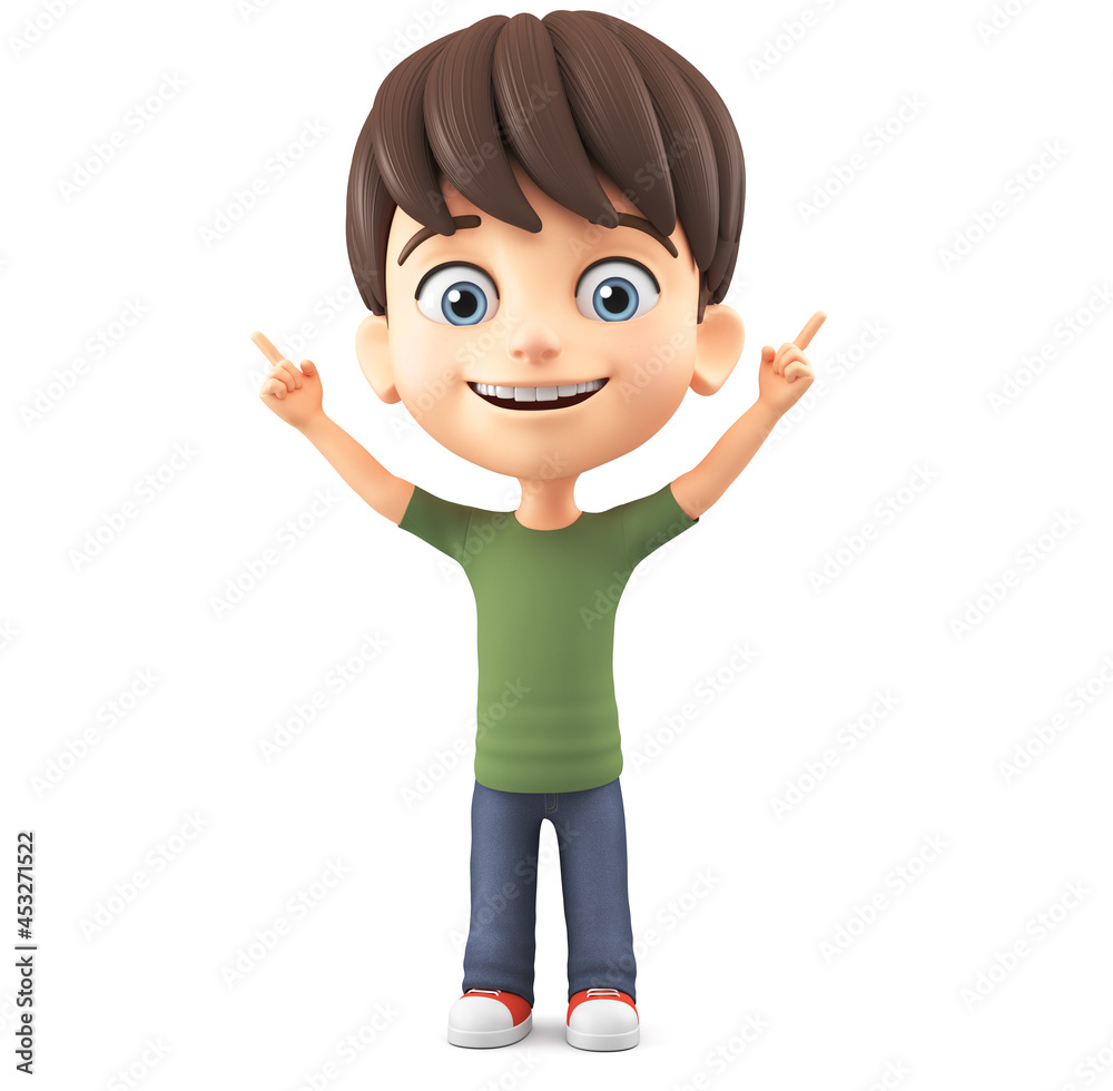 Cheerful cartoon character boy in a green T-shirt points two fingers up on a white background. 3d render illustration. Cheerful cartoon character boy in a green T-shirt points two fingers up on a white background. 3d render illustration.