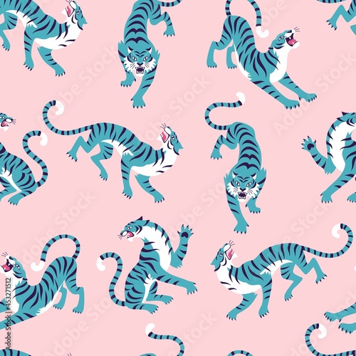 Asian Tigers modern pattern. Vector seamless pattern with a cartoon blue roaring tigers on pink background