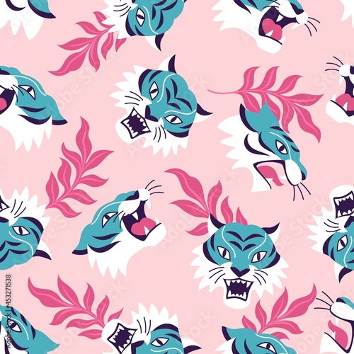 Blue Tigers pattern. Vector seamless pattern with a cartoon roaring tiger faces and leaves on a pink background 