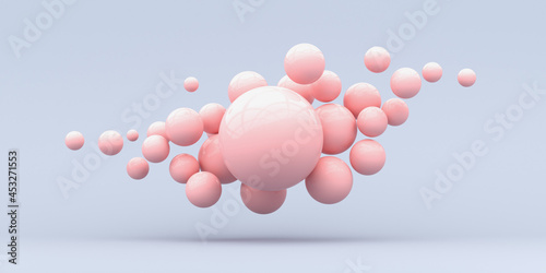 Fototapeta Naklejka Na Ścianę i Meble -  Abstraction for ideas. Falling pink spheres on a blue background. 3d render.