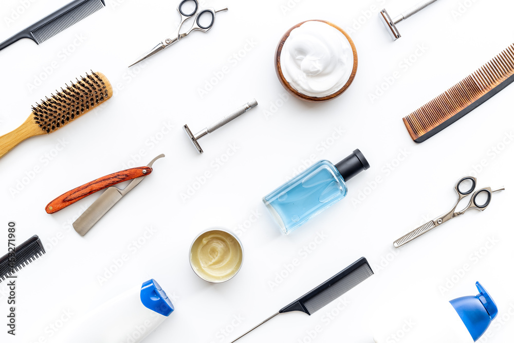 Barber shop equipment with hairdressing scissors. Top view Barber shop equipment with hairdressing scissors. Top view