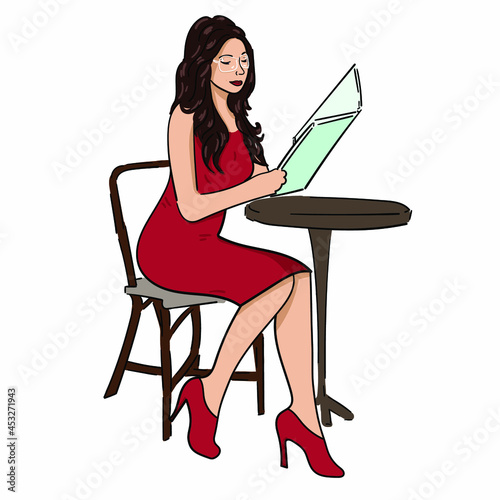 A girl in a red dress reads the menu at a table
