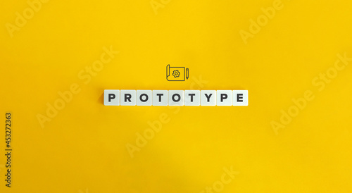 Prototype word and icon banner on block letter tiles. Minimal aesthetics.