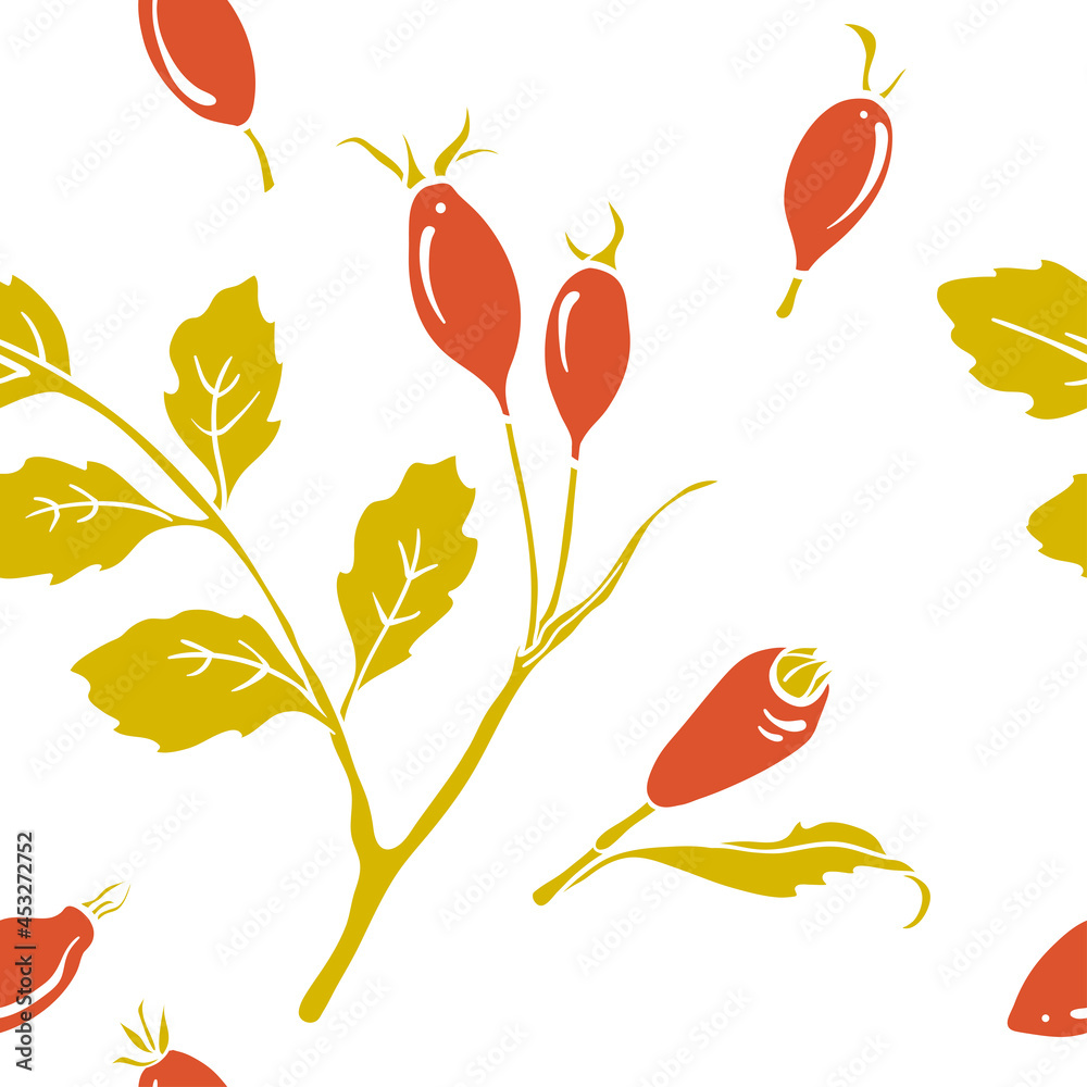 Seamless pattern with rosehip berries and leaves. Colorful paper cut fall woods collection isolated on white background. Doodle hand drawn vector illustration. Seamless pattern with rosehip berries and leaves. Colorful paper cut fall woods collection isolated on white background. Doodle hand drawn vector illustration.