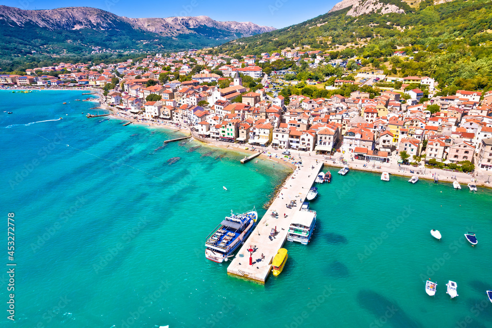 Town of Baska waterfront aerial panoramic view, tourist destination on Krk island