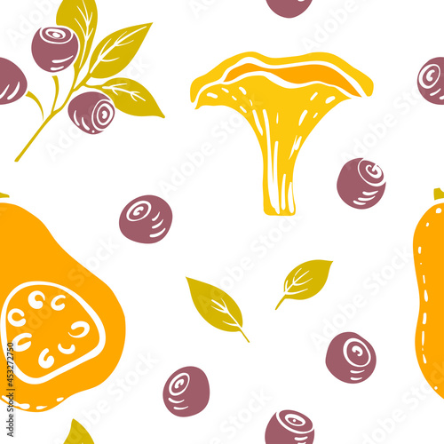 Seamless pattern with blueberries, squash and chanterelle mushroom. Colorful paper cut fall woods collection isolated on white background. Doodle hand drawn vector illustration.