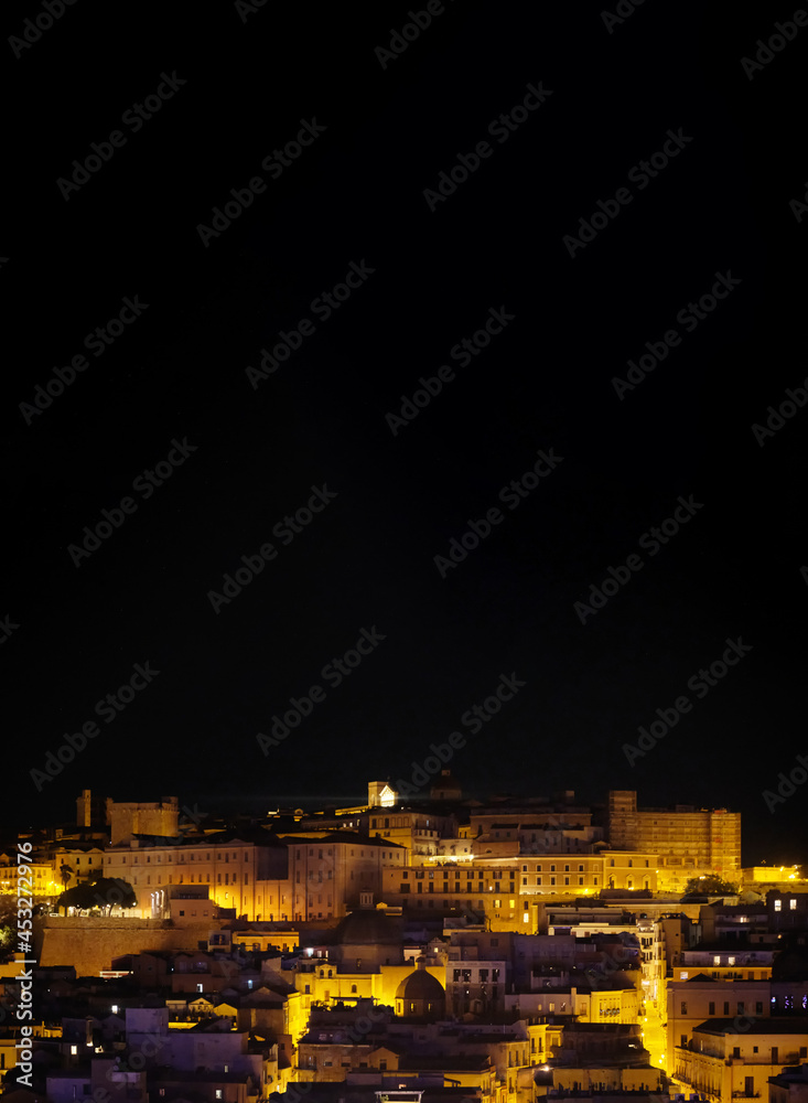 aerial view by night of Cagliari city - view from above sardinia.