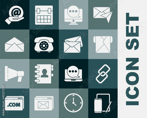 Set Phone and graphic tablet, Chain link, Envelope, Chat messages notification monitor, Telephone, Mail e-mail hand and icon. Vector