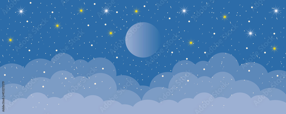 Moon with clouds on starry night, Concept for mid-autumn festival and greeting card, Space for the text, paper art design style.