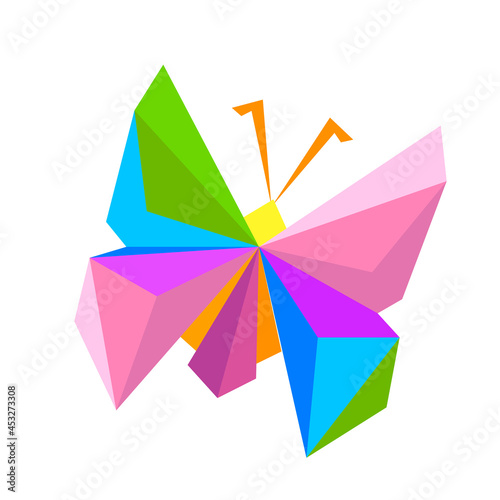 Vector image of a butterfly made of paper, origami craft. Multicolored colors, perfect curves.