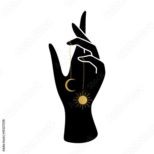 Silhouette of witch hand with  moon and sun. Wicca, alchemy, mystical, magic, celestial, esoteric, sacred, spiritual, occultism inspired concept. Woman hands mudra. Hand drawn vector