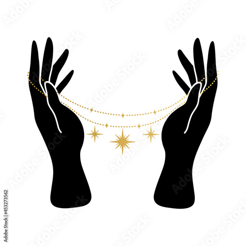 Witch hands with talisman. Wicca, alchemy, mystical, magic, celestial, esoteric, sacred, spiritual, occultism inspired concept. Woman hands with stars. Vector illustrations in black flat style