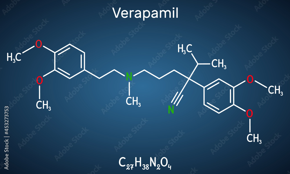 Verapamil molecule. It is calcium channel blocker used in treatment of high blood pressure, heart arrhythmias, angina. Structural chemical formula on the dark blue background Verapamil molecule. It is calcium channel blocker used in treatment of high blood pressure, heart arrhythmias, angina. Structural chemical formula on the dark blue background