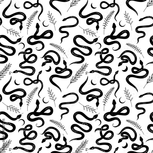 Seamless pattern with snakes and fern. Mystic vector pattern. Botanical background. Black and white floral snakes. Boho flat design for fabric, textile, wrapping paper and wallpaper	
