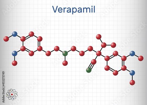 Verapamil molecule. It is calcium channel blocker used in treatment of high blood pressure, heart arrhythmias, angina. Sheet of paper in a cage
