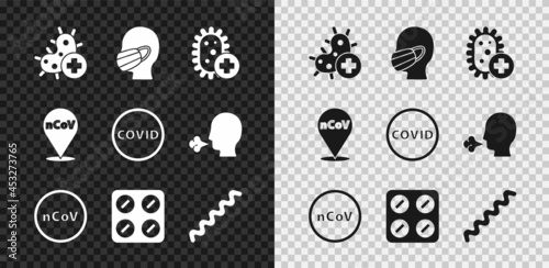 Set Positive virus, Face in a medical protective mask, Corona 2019-nCoV, Pills blister pack, Virus, location and covid-19 icon. Vector