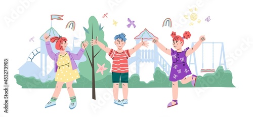 Happy cheerful smiling kids on summer playground, cartoon flat vector illustration isolated on white background. Children play in park or playground. Summer camp, kindergarten  and kids entertainment.