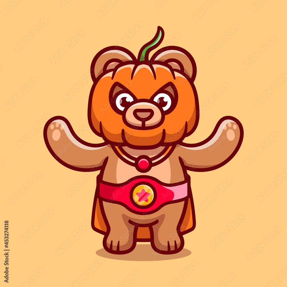 cute halloween bear pumpkin superhero illustration