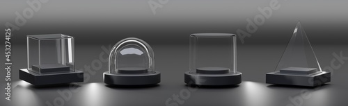 Foto Glass cube box, pyramid, cylinder, sphere or dome on black stand isolated on dark background