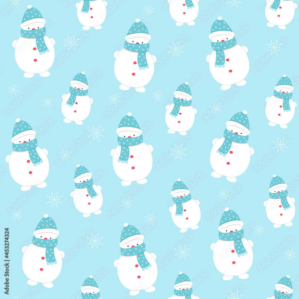 Vector graphics. Seamless pattern. New Year Christmas. Blue background, snowman, with a scarf and a hat. For printing on fabric and paper. Postcard, background, festive packing. Vector graphics. Seamless pattern. New Year Christmas. Blue background, snowman, with a scarf and a hat. For printing on fabric and paper. Postcard, background, festive packing.