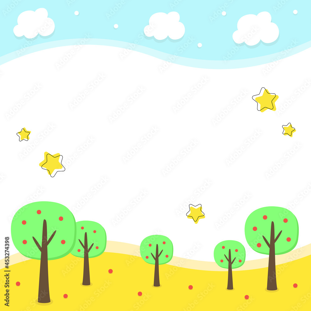 Bright, summer background for text. Childish illustration.
Field, trees, sky, stars.
Vector graphics. White background. Design for children's books, notebooks, invitations. Place for an inscription. Bright, summer background for text. Childish illustration.
Field, trees, sky, stars.
Vector graphics. White background. Design for children's books, notebooks, invitations. Place for an inscription.