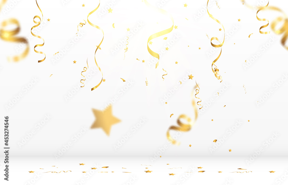 Golden confetti falls on a beautiful background. Falling streamers on stage.