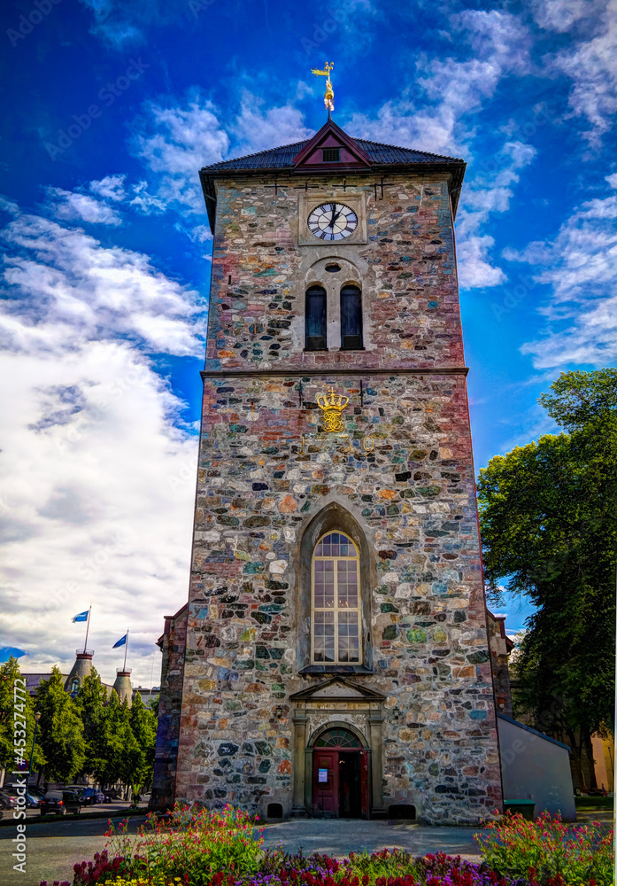 Fototapeta premium Exterior view to facade of Var Frue Kirke aka Our Lady Lutheran Church in Trondheim, Norway