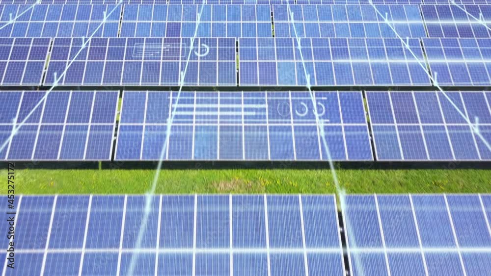solar panels farm animation graphics aerial view,drone flying over renewable green energy plant generating electricity with virtual display showing data production solar panels farm animation graphics aerial view,drone flying over renewable green energy plant generating electricity with virtual display showing data production