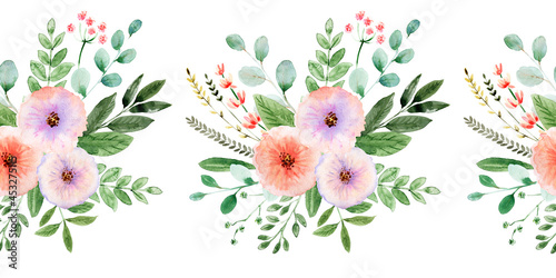 Watercolor seamless border with flowers, festive bouquets and individual elements of bouquets © Ellivelli