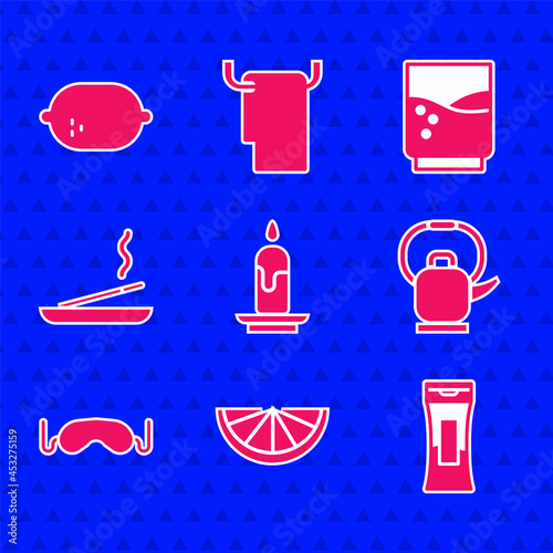 Set Burning candle, Citrus fruit, Bottle of shampoo, Kettle with handle, Eye sleep mask, Scented spa stick, Glass water and Lemon icon. Vector