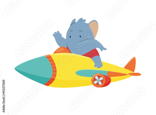 Cute elephant flying an airplane. Funny pilot flying on planes. Cartoon illustration isolated on a white background