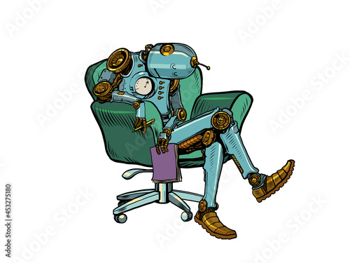 The robot psychotherapist is sleeping in a chair. Fatigue at work. Notebook in hand