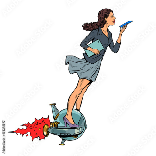 A futuristic businesswoman rides an electric jet unicycle, a woman communicates on a smartphone. Isolate on a white background