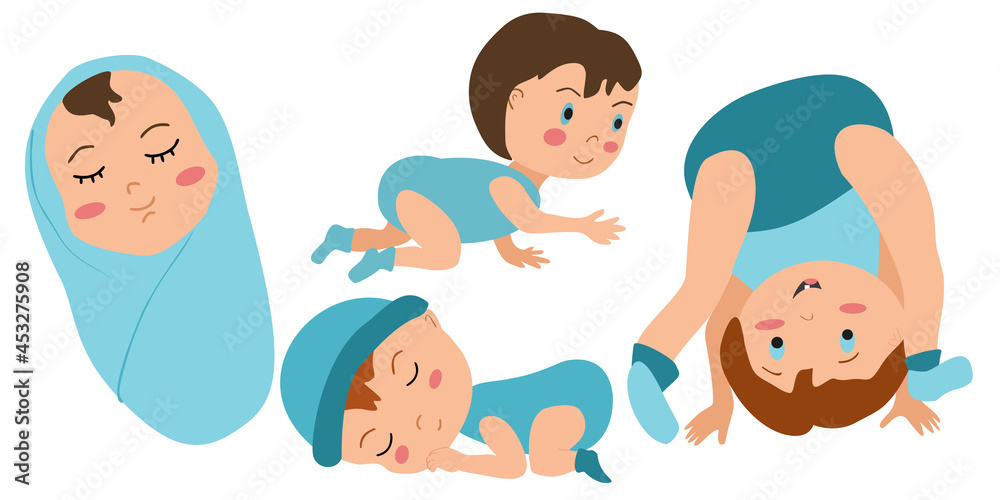 Cute baby or toddler boy in various poses. Early childhood, child evolution progress, sitting, crawling, growing up boy in flat cartoon vector illustration isolated on white background.  Life periods