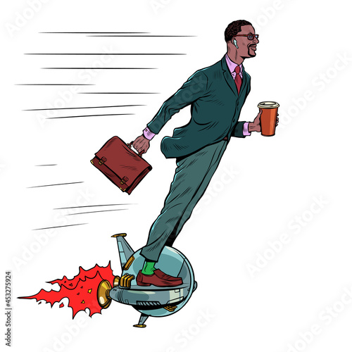A futuristic black businessman rides an electric unicycle, a man drinks morning coffee. Isolate on a white background