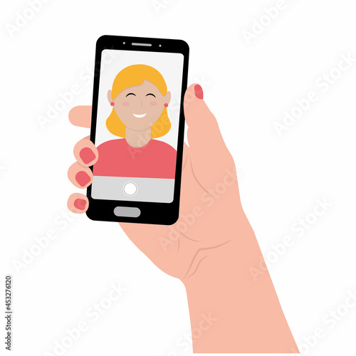 a woman takes a selfie on her phone, color vector illustration