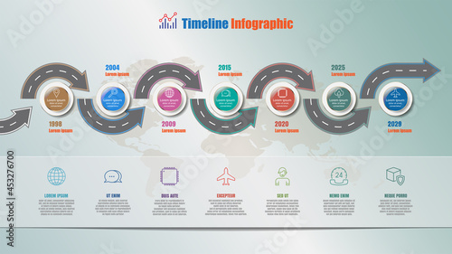 Business roadmap timeline infographic with 7 steps circle designed for background elements diagram planning process webpages workflow digital marketing data presentation chart. Vector illustration