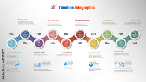 Business roadmap timeline infographic with 10 steps circle designed for background elements diagram planning process webpages workflow digital marketing data presentation chart. Vector illustration