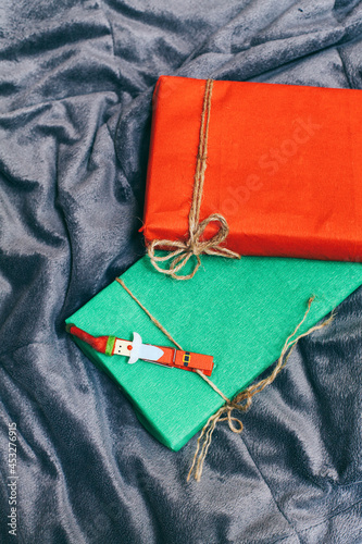 Handmade Gift With Red And Green Wrapping Paper
