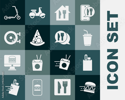 Set Online ordering burger delivery, and, Paper glass with water, Slice of pizza, Donut, Scooter and Cafe restaurant location icon. Vector