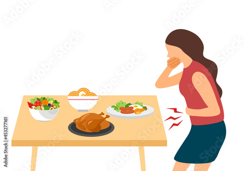 Woman vomiting in dining room flat design on white background. Digestive system problem. Pregnancy symptom. Diarrhea stomach illness.