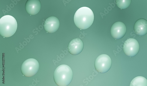 Festive background with helium balloons. Celebrate a birthday, Poster, banner happy anniversary, greeting card. Realistic decorative design elements. 3D render object balloon with pastel green color. 
