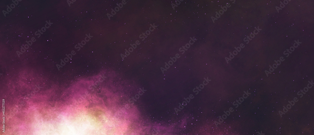 テキストスペースのある暗い星空のイラスト背景）ピンクの星雲　バナー　夜　綺麗　光　宇宙　ダーク