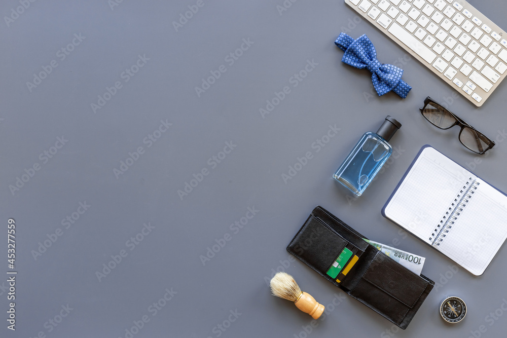 Male outfit and accessories layout. Business man office table top view