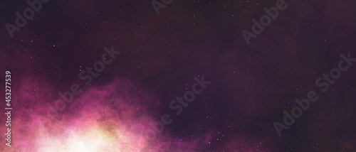 テキストスペースのある暗い星空のイラスト背景）ピンクの星雲 バナー 夜 綺麗 光 宇宙 ダーク