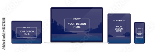 Vector device screens mockup - Laptop, tablet and smartphone screen with replaceable design. Template for responsive design.