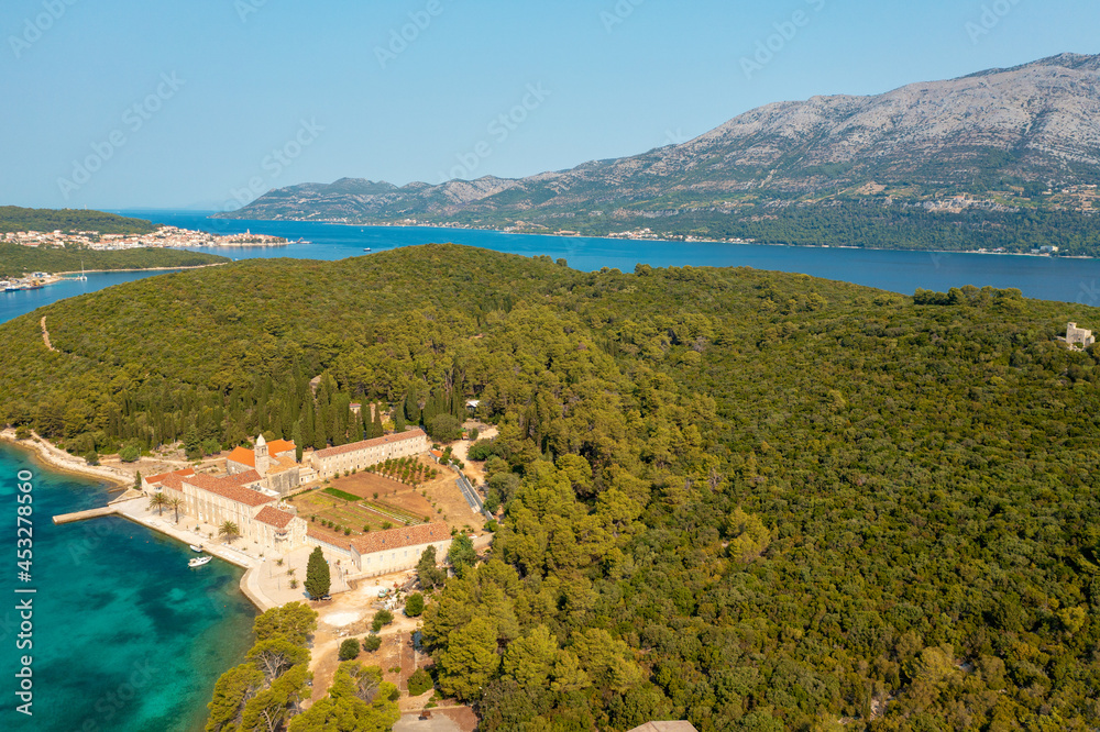 Aerial view of Franciscan monastery on Badija Island near  Korcula, Adriatic Sea, Croatia